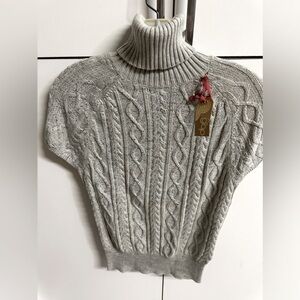 Sweater, short sleeved, cable knit turtleneck with shimmery silver